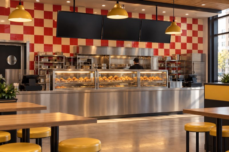 Fried chicken counter with a red and cream checkerboard wall