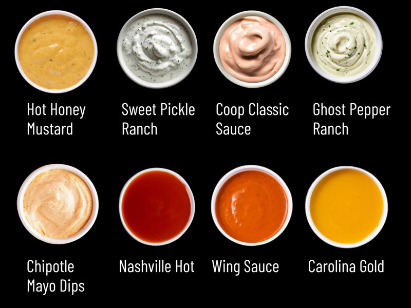Eight Crispy Coop dipping sauces