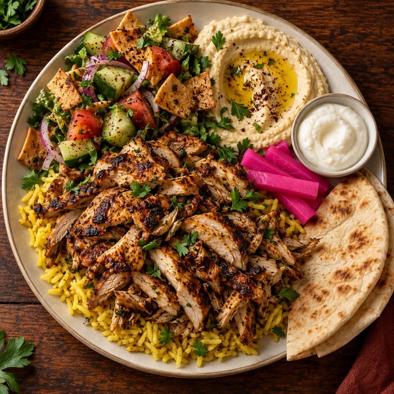 Shawarma plate with rice, chicken, salad, hummus and pita