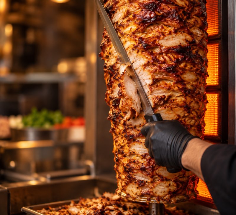 Chicken shawarma being carved from a vertical spit